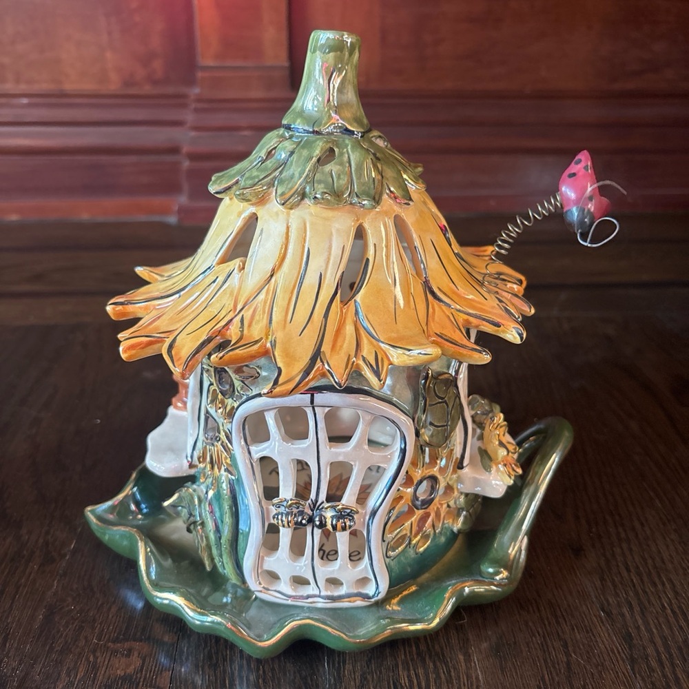 Blue Sky Yellow and Green Ceramic Fairy House Teal Base